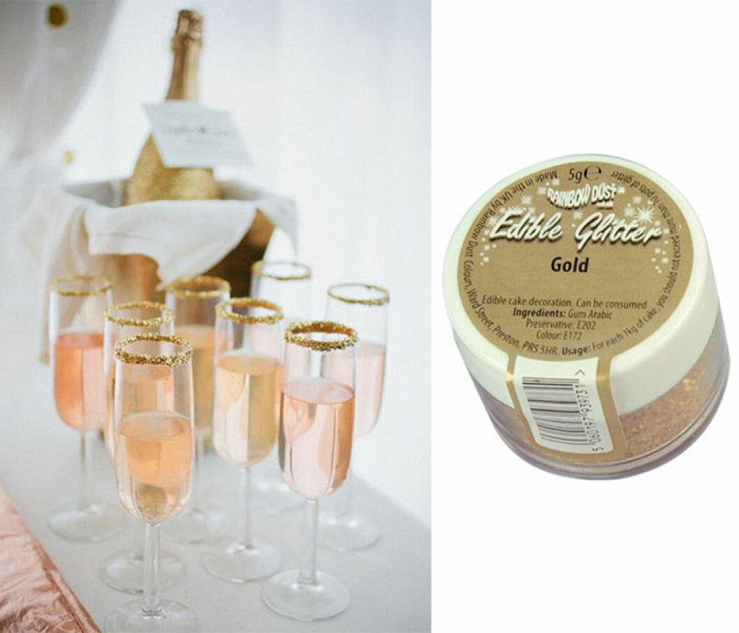 Champagne och ätbart guldglitter. Via: <a href="http://www.100layercake.com/blog/2013/03/26/rose-and-gold-wedding-ideas/?cm_ven=pinterest&cm_cat=blog&cm_pla=at_home&cm_ite=HTchamp+goldsugar&crlt.pid=camp.eceFp2jsdDzF">100layercake</a> & <a href="http://www.lyckasmedmat.se/pulverfarger/3786-rainbow-dust-atbart-glitter-guld.html">Ätbart guld</a>, 55 kr Champagne och ätbart guldglitter.