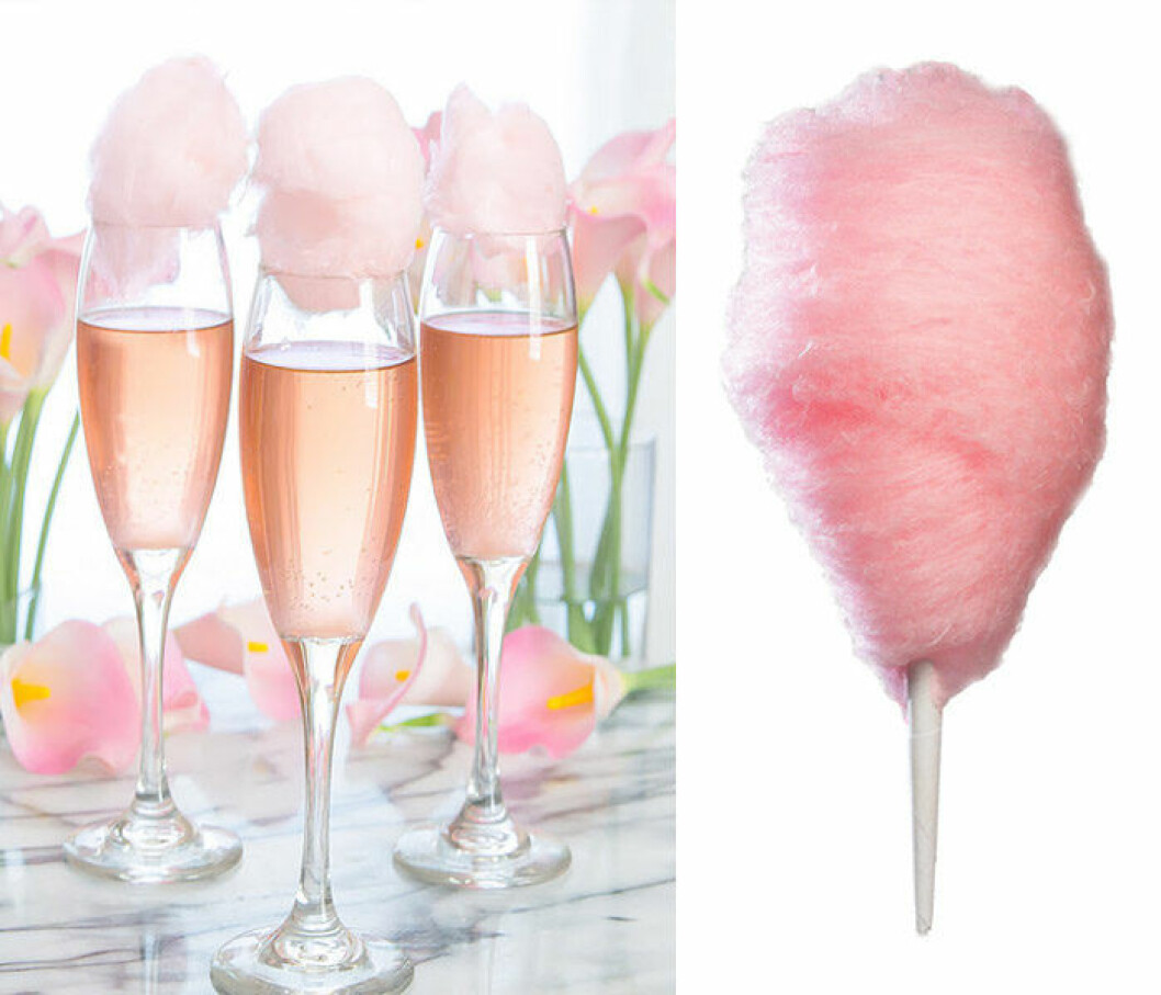 Champagne med sockervadd. Via: <a href="http://kirbiecravings.com/2016/07/cotton-candy-champagne-cocktails.html">Kirbiecravings</a>. Sockervadd finns i godisbutiker. Champagne med sockervadd.