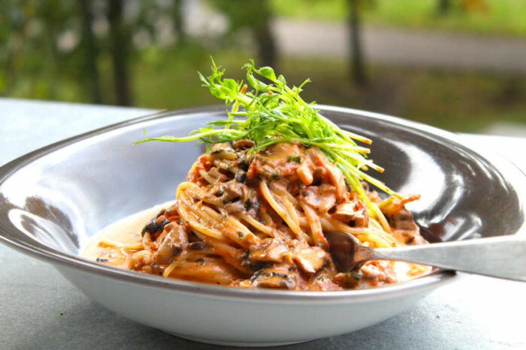 Krämig pasta med bacon och champinjoner. Krämig pasta med bacon och champinjoner.