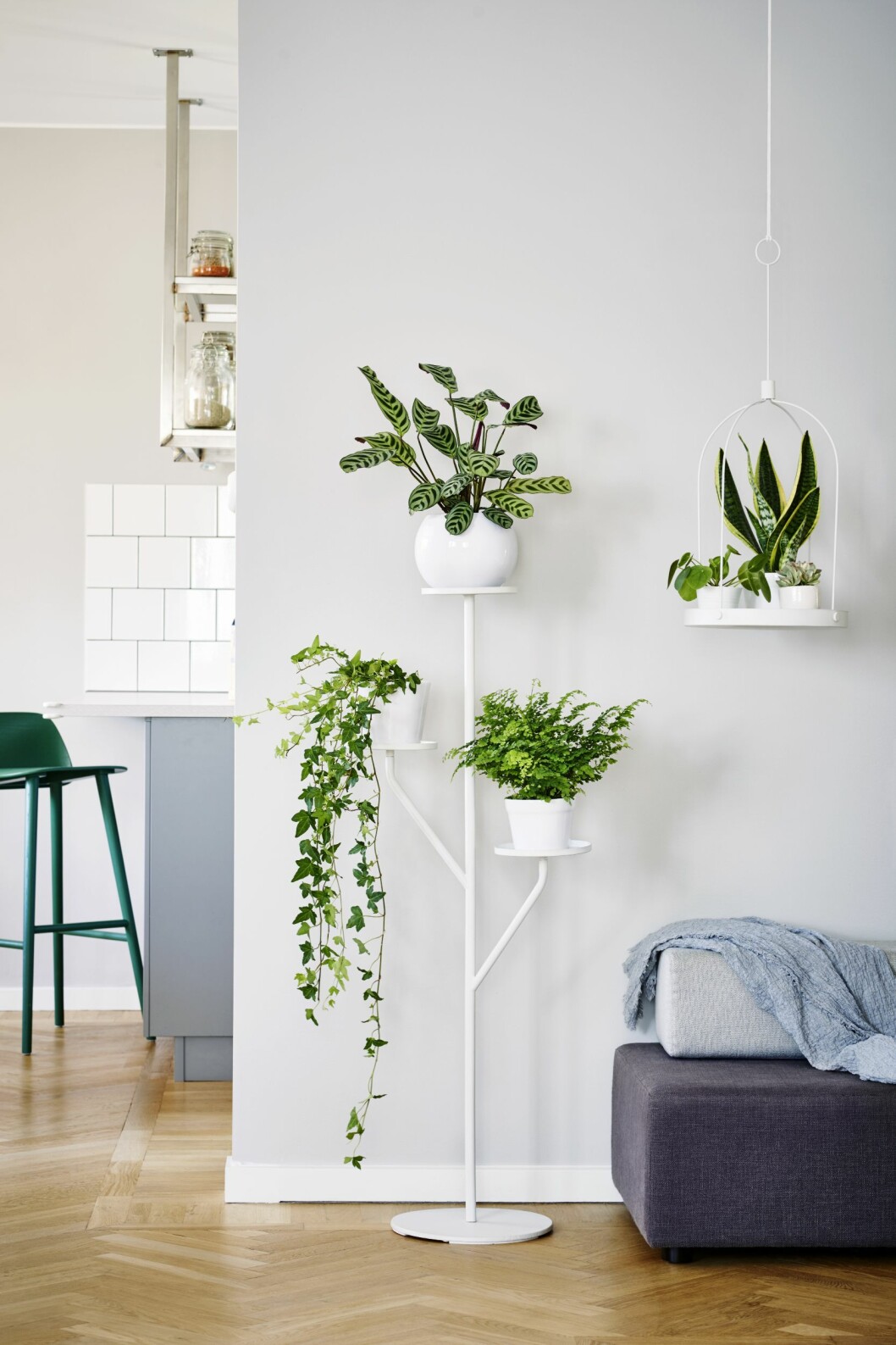 Piedestaler, hyllor och amplar lyfter de gröna detaljerna till en ny nivå! Foto: Plantagen piedestal för krukor och växter i inredningen