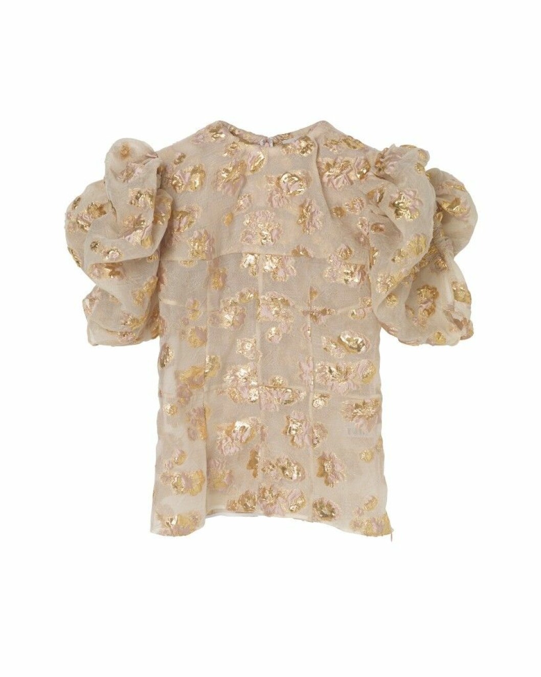 Blus från By Malene Birger med puffärmar och ett absktrakt arbetat blommönster i guld och ljusrosa.