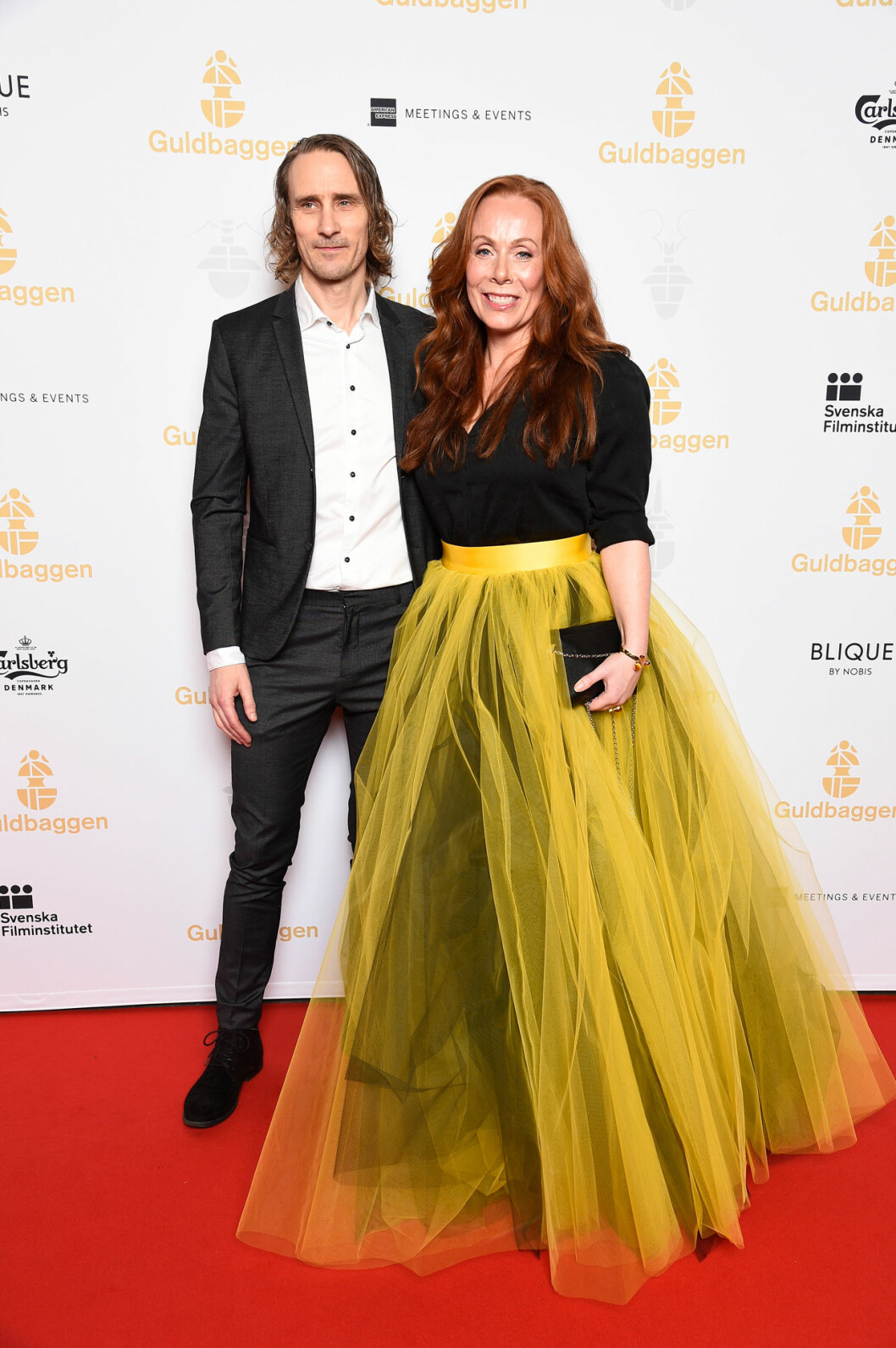 Rachel Mohlin och Håkan Messing. Rachel Mohlin och Håkan Messing på röda mattan på Guldbaggegalan 2020