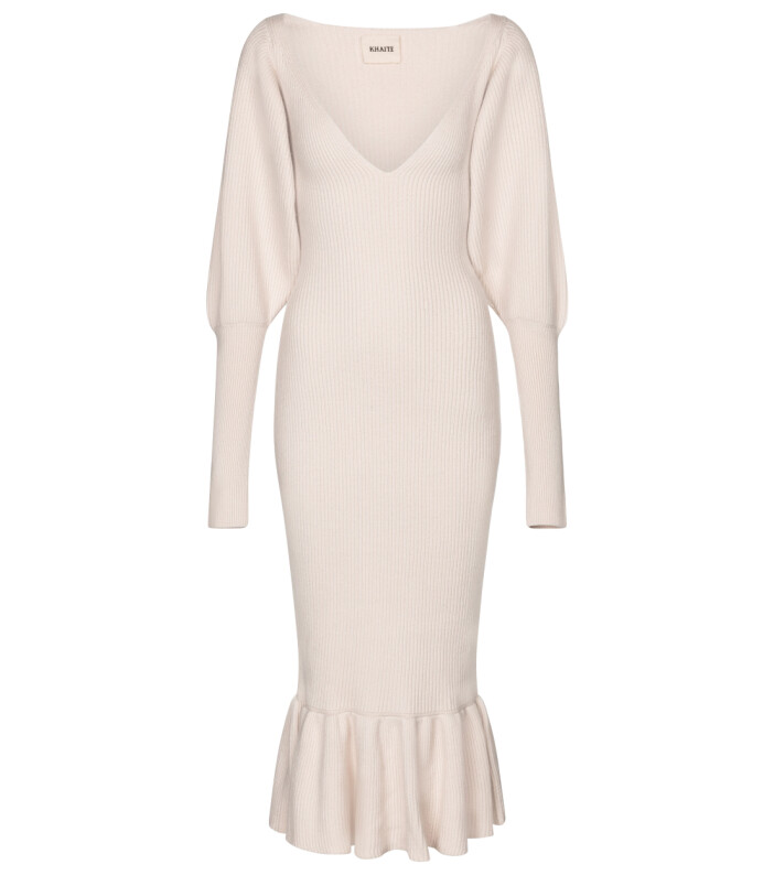 Ribbstickad klänning med volangdetaljer khaite x mytheresa