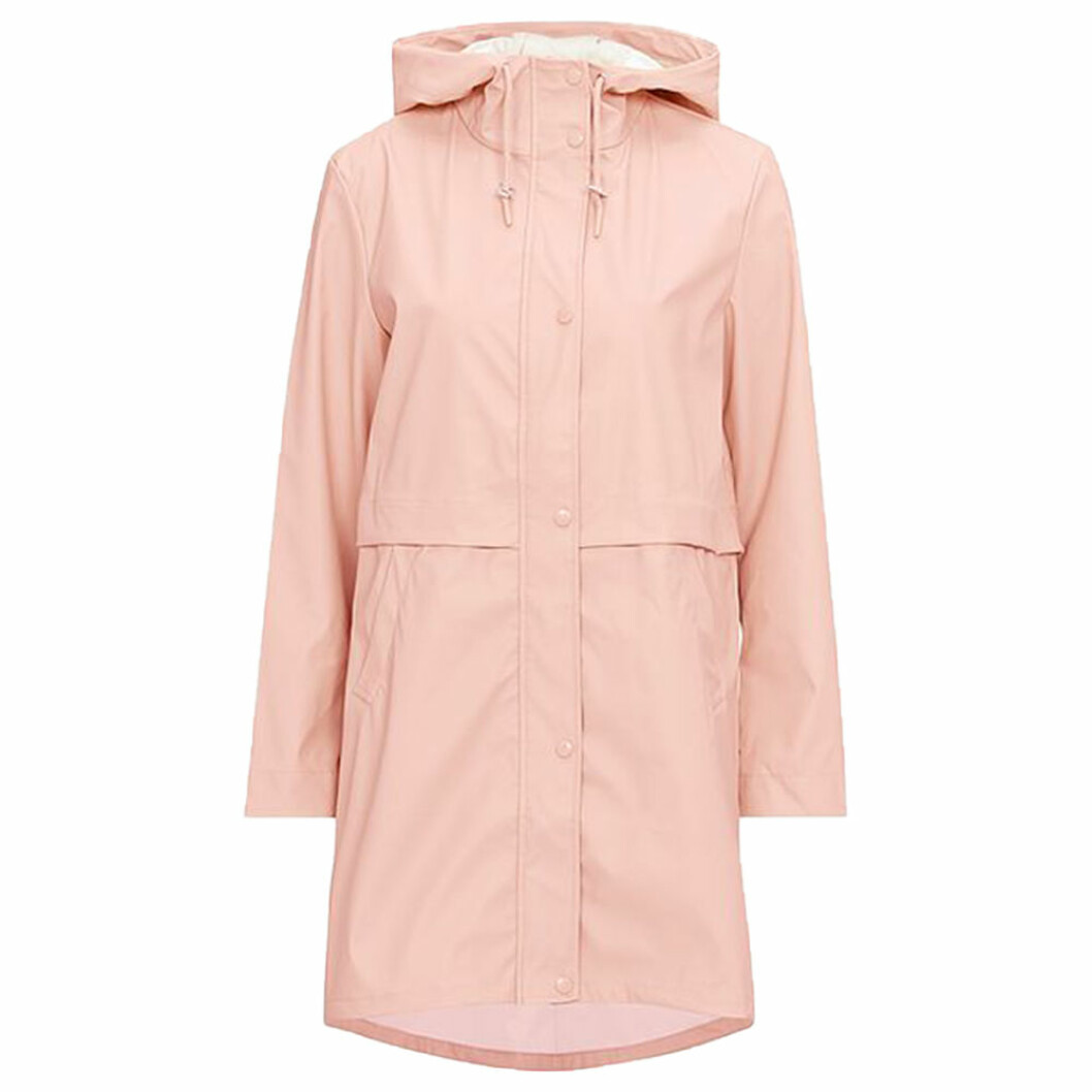 Rosa regnjacka från Vero Moda, <a href="http://www.awin1.com/cread.php?awinaffid=439037&awinmid=8905&clickref=regnjacka&p=https%3A%2F%2Fwww.ellos.se%2Fvero-moda%2Fregnkappa-vmfriday-3-4-coated-jacket%2F1551514-01" target="_blank" rel="noopener">500 kronor</a>. Rosa regnjacka med knappar och luva