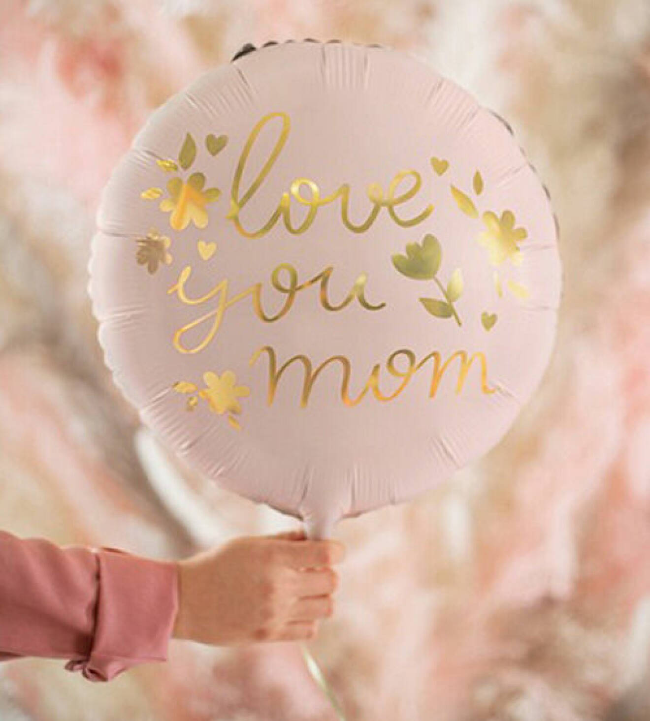 rosa ballong till mors dag med texten love you mom i guld