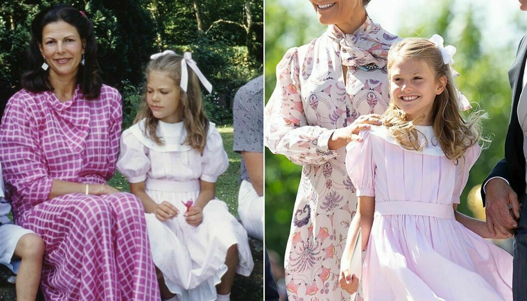 Kronprinsessan Victoria och prinsessan Estelle i samma rosa klänning med vit krage.