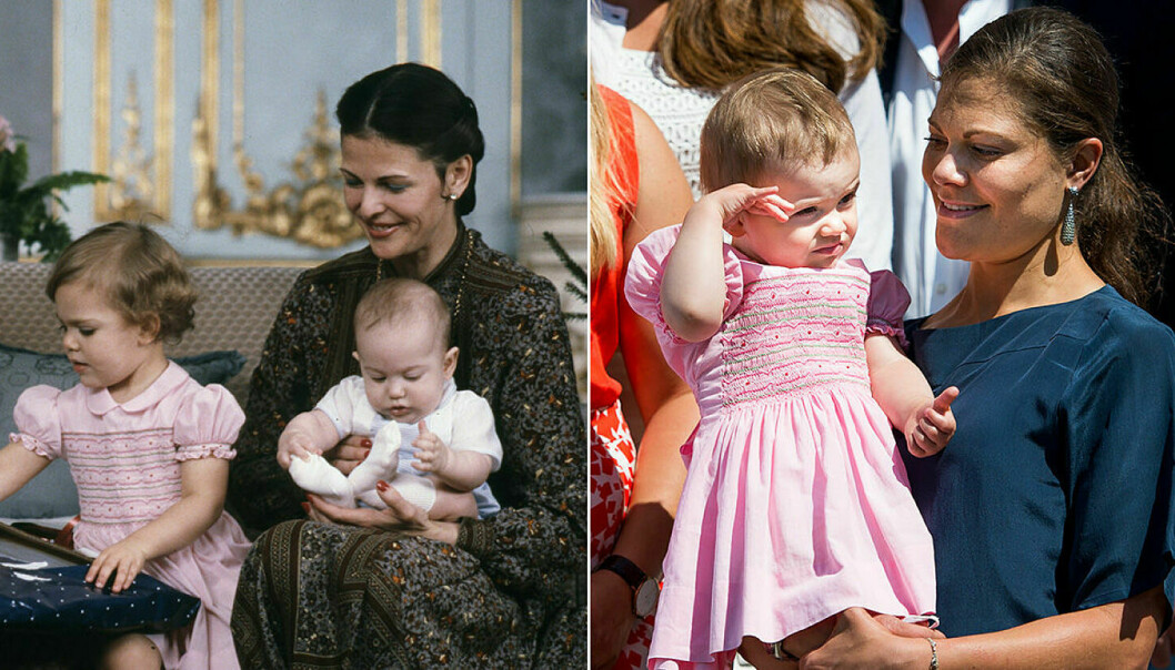 Kronprinsessan Victoria och prinsessan Estelle i samma rosa klänning med brodyr.