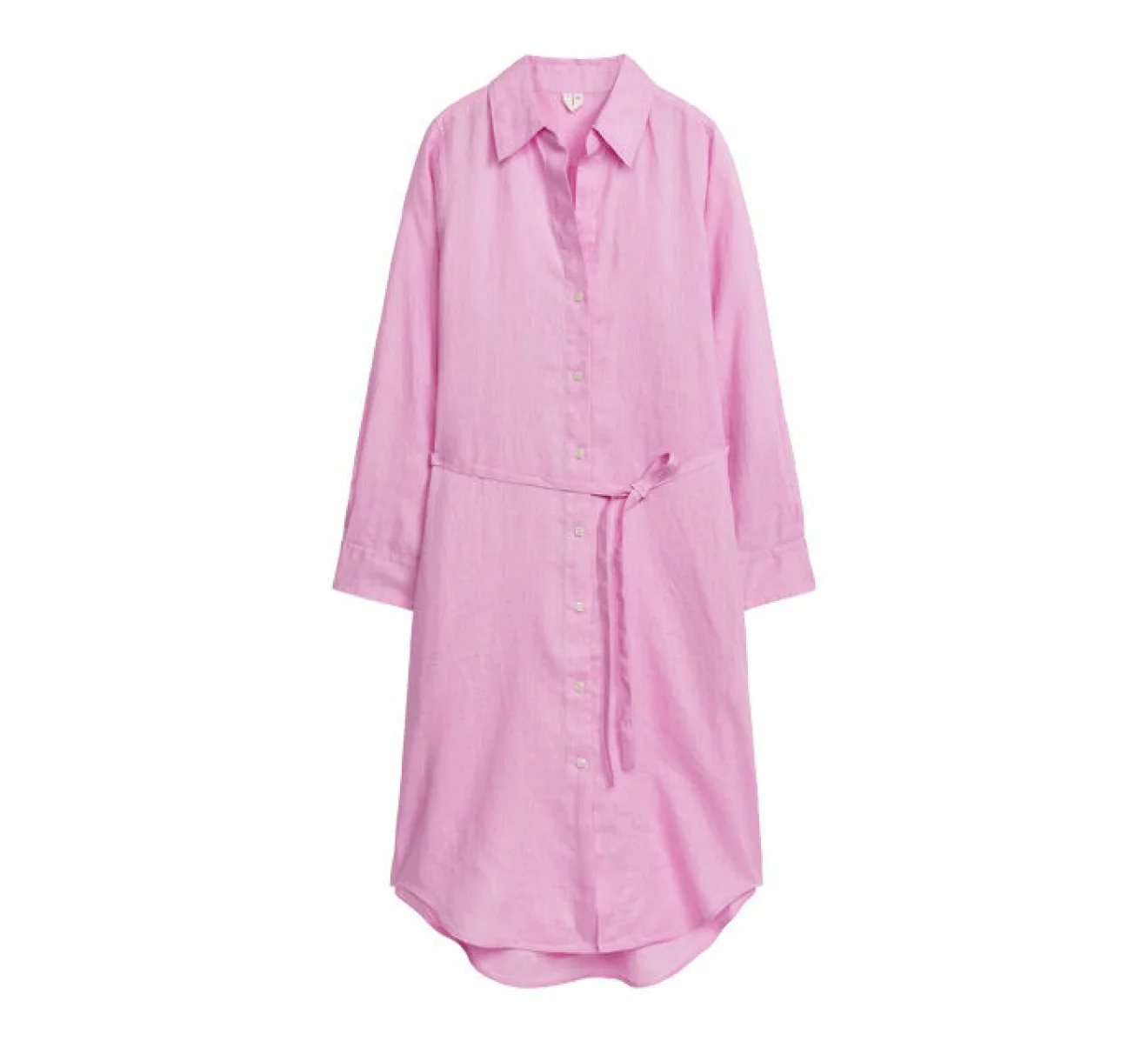 rosa lång klänning i skjortmodell med knytskrärp i midjan gjord i linne från Arket