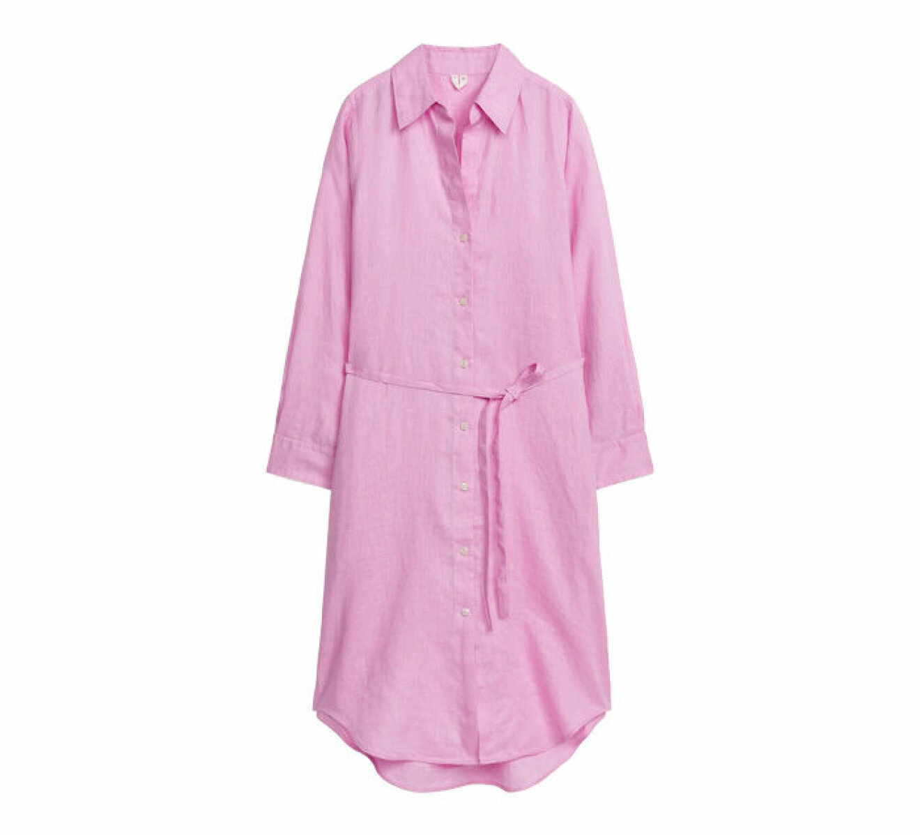 rosa lång klänning i skjortmodell med knytskrärp i midjan gjord i linne från Arket