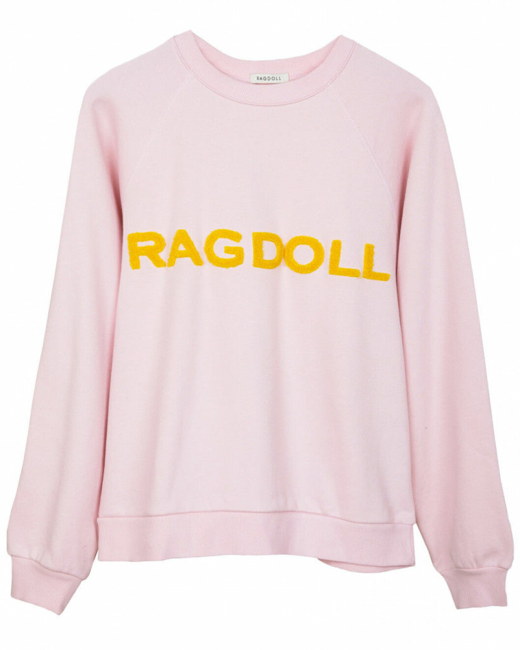 rosa mjukiströja med gul text från ragdoll.
