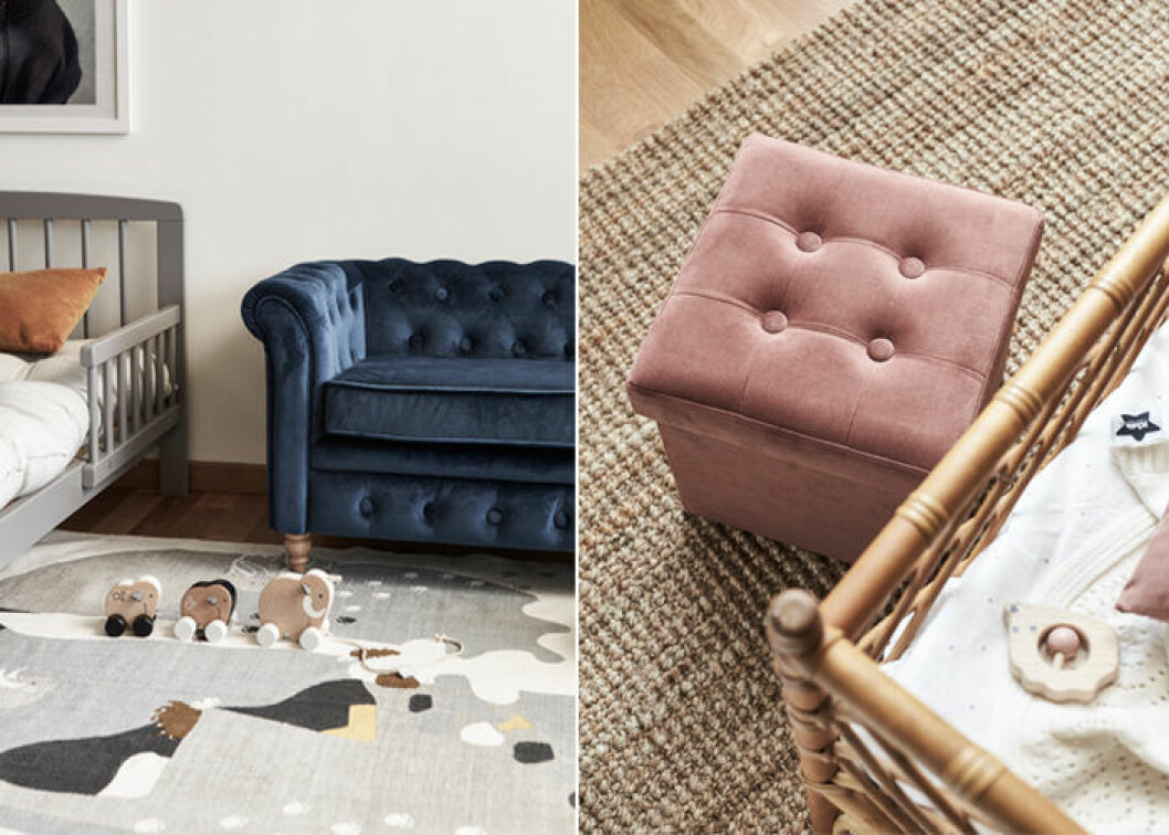 Foto: <a href="https://kidsconcept.se/" target="_blank" rel="noopener">Kid’s Concept</a> sammetspuff, fyrkantig
