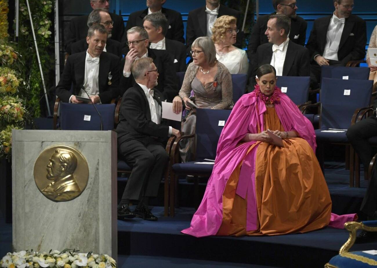 Sara Danius i sin numera legendariska klänning på Nobelfesten 2017.