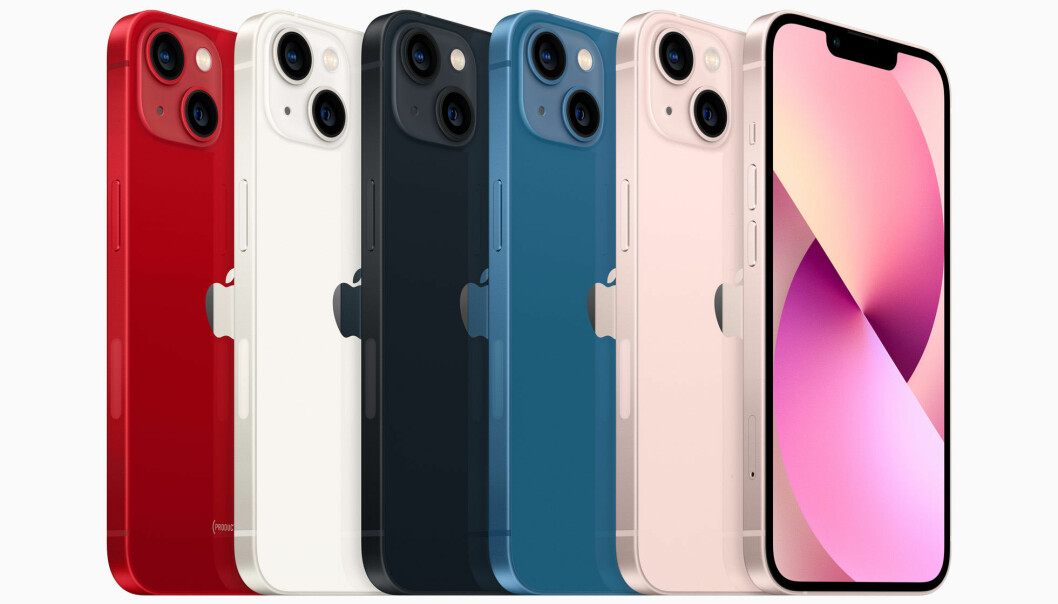 Nya iPhone 13 och iPhone 13 mini, finns i fem färger: röd, starlight, midnight, blå och rosa.