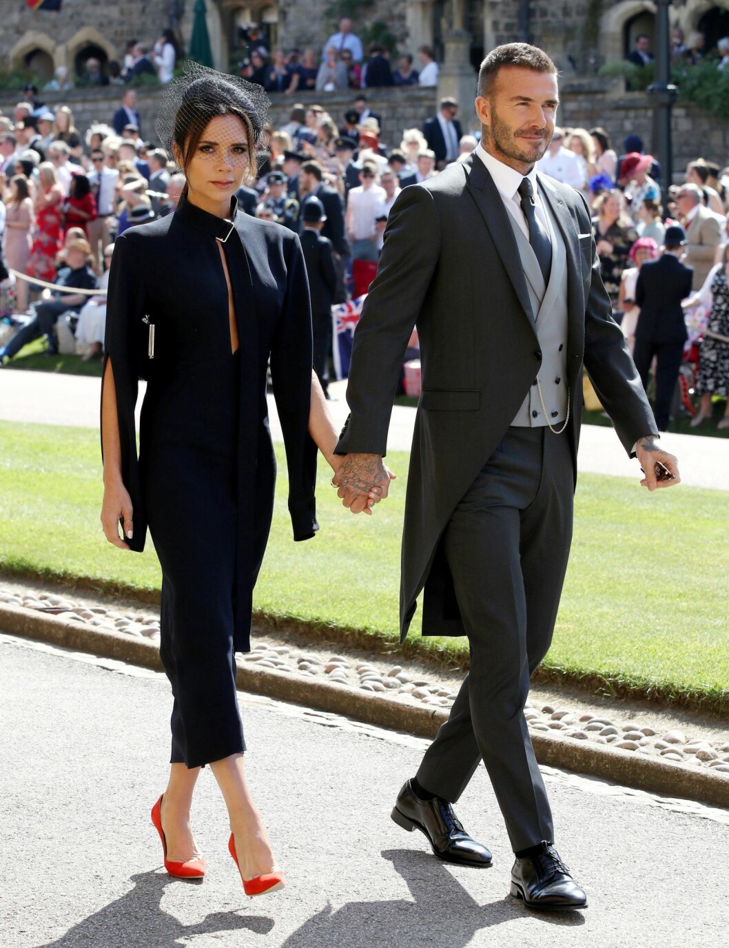 Victoria Beckham & David Beckham på Prins Harry och Meghan Markles pre-ceremony weeding i Windsor, Storbritanien, 2018.