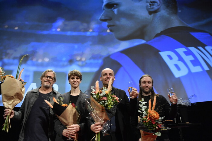 Piodor Gustafsson, producent, Erik Enge, huvudroll, Ronnie Sandahl, Martin Bengtsson, författare till den sjävbiografiska boken, under Svenska filminstitutets pressträff där Sveriges bidrag till Oscarsgalan tillkännagavs.