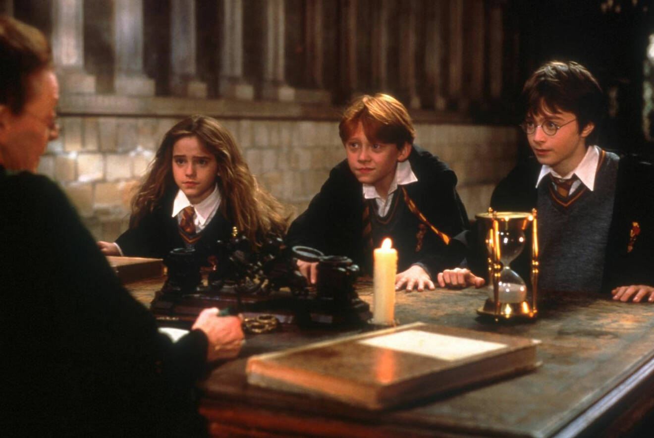 Hermione, Ron och Harry i Harry Potter från 2001