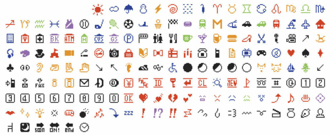 Shigetaka Kuritas allra första 176 emojis. Foto: Shigetaka Kurita Shigetaka Kuritas första 176 emojis, som lanserades i slutet av 1990-talet.