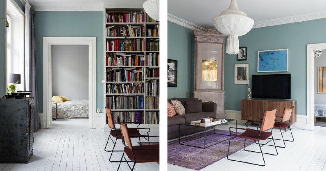 Foto: Eklund Stockholm New York Vardagsrummet med vita golv och färgglada väggar.