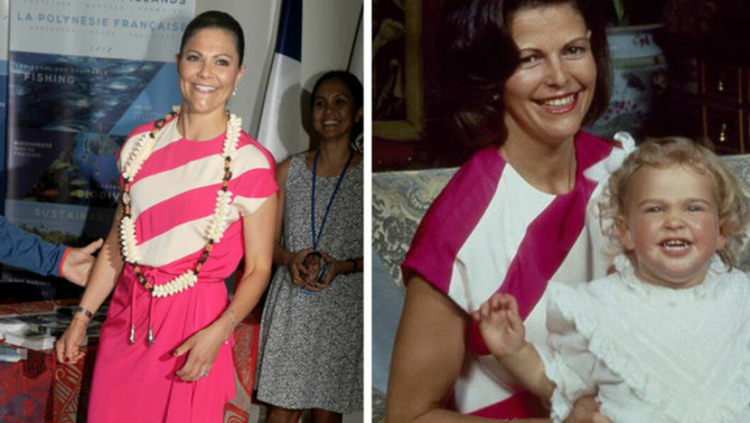 Det senste året har kronprinsessan Victoria använt inte mindre än tre av mamma, drotning Silvias, gamla klänningar. Drottning Silvia och Victoria i samma klänning