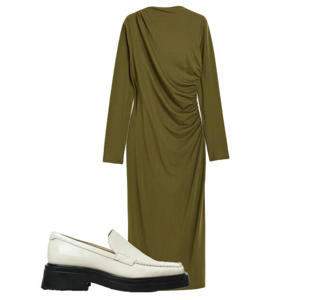 vita loafers gjorda i lackat läder att bära till grön klänning från H&amp;M