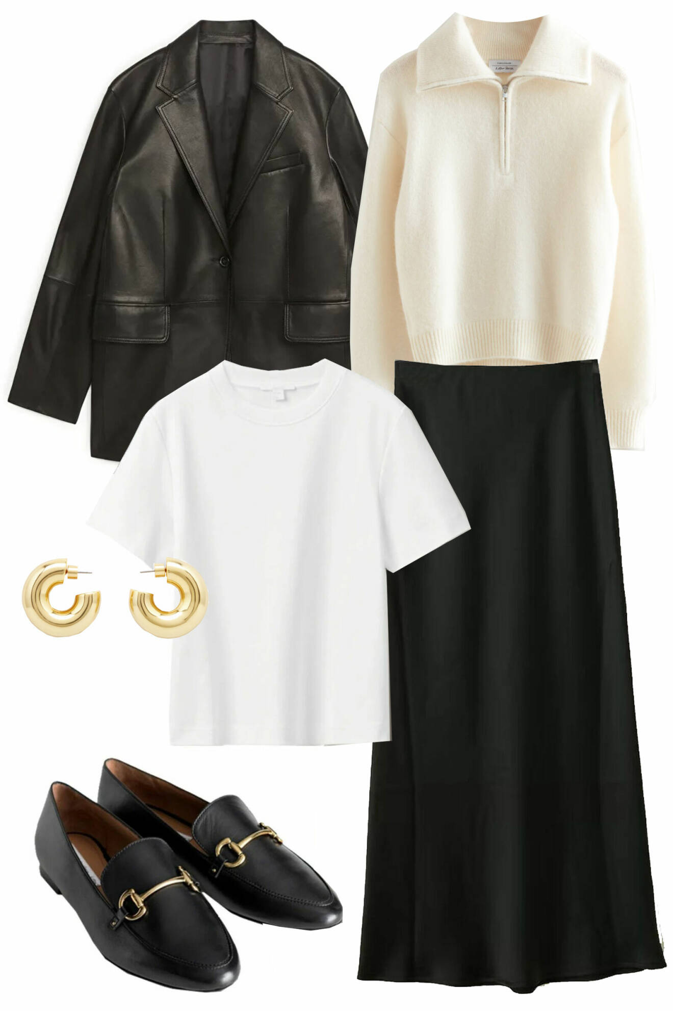 snygg outfit till jobb och fest med svart lång satinkjol, skinnkavaj, vit t-shirt, vit stickad tröja med dragkedja, loafers och guldörhängen