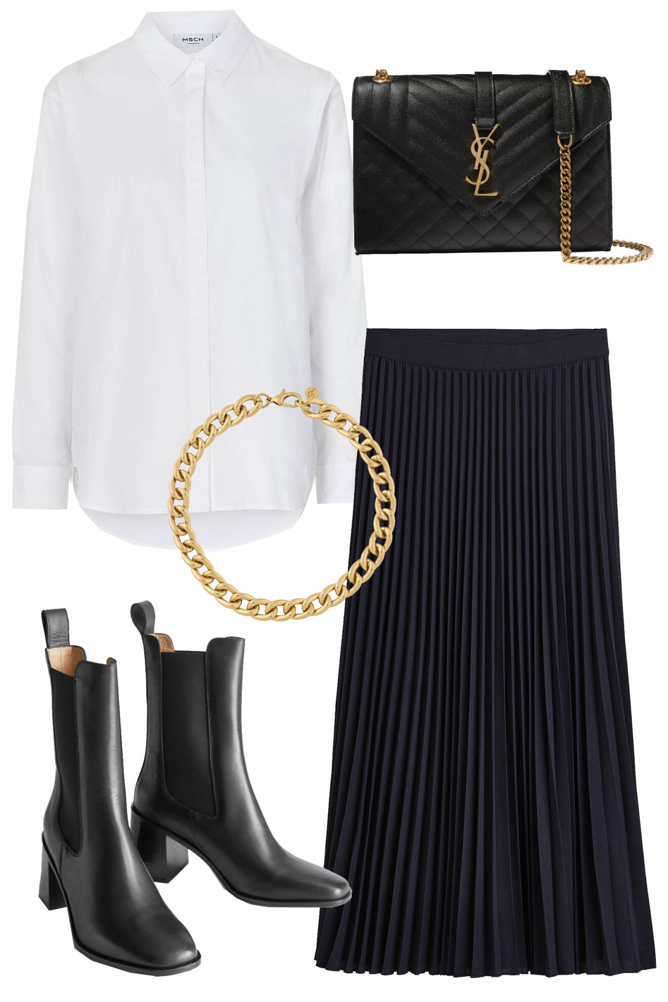 snygg outfit till jobb och fest med vit skjorta, mörkblå plisserad midikjol, svarta ankelboots, YSL-väska och kedjehalsband i guld