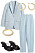 snygg outfit bröllop: ljusblå linnekostym för dam, svarta taxklackar med tunna remmar och guldsmycken med stenar