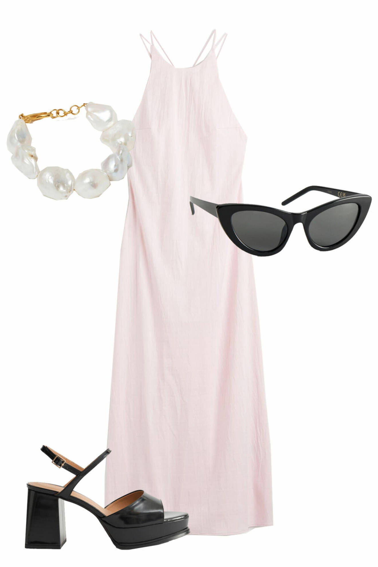 snygg outfit bröllop: ljusrosa klänning, svarta cateye-solglasögon, svarta platåskor och pärlarmband