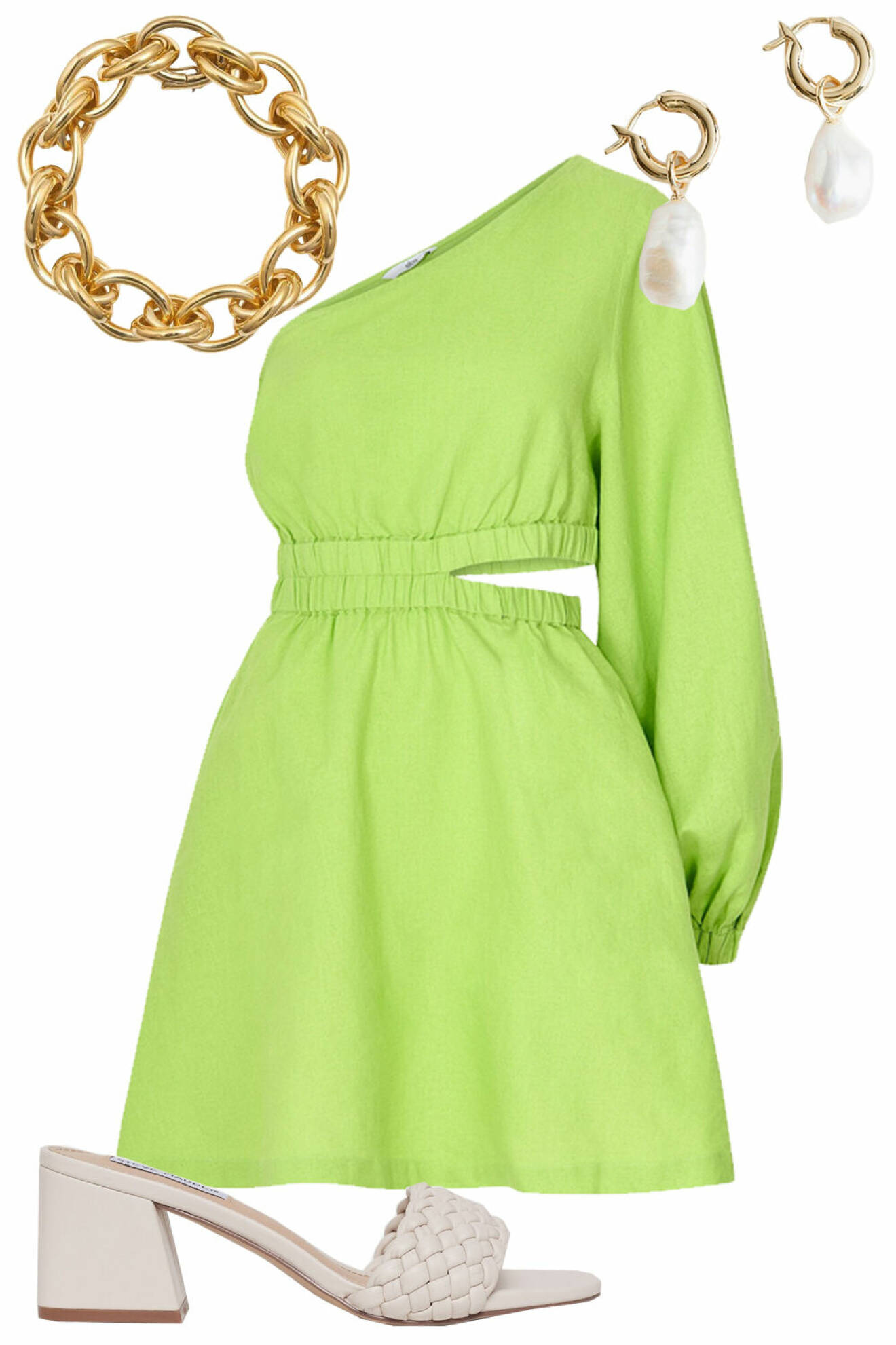 snygg outfit bröllop: limegrön cocktailklänning, kedjearmband, pärlörhängen och flätade klackar