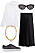 snygg outfit till jobb och fest med vit skjorta, svart plisserad midikjol, svarta sneakers, ovala solglasögon och guldhalsband