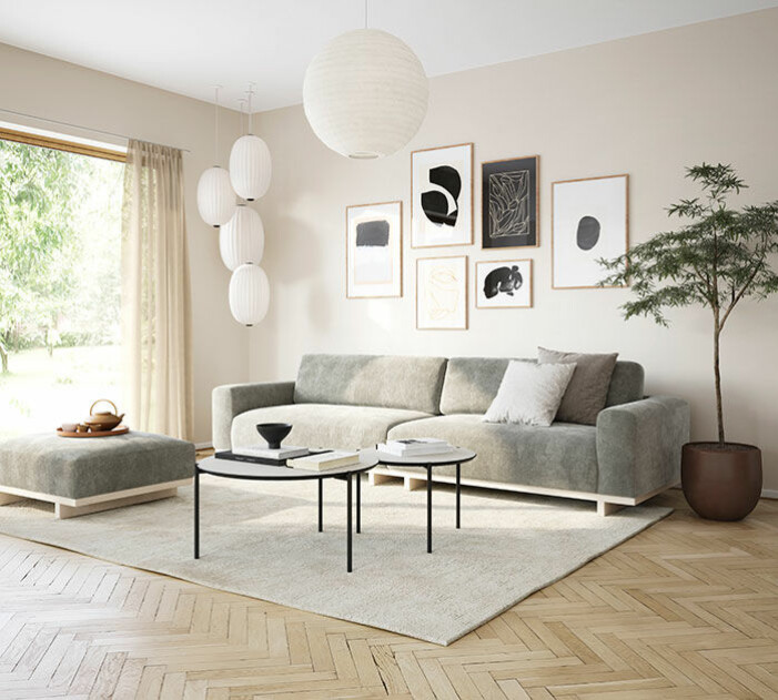 Soffa Aya i tyget Planet Grey Green.