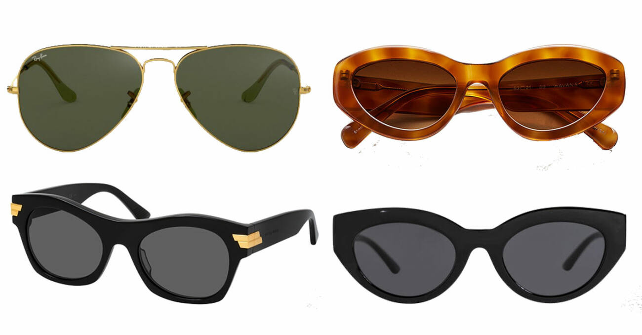 plock med pilotsolglasögon från rayban, bruna solglasögon från chimi, svarta solglasögon från bottega veneta och svarta solglasögon från corlin eyewear.