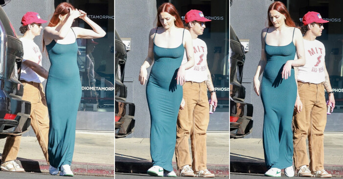 Ett par dagar innan Alla hjärtans dag-promenaden där magen visas upp i magtröja såg vi paret lämna en lyxig lunch tillsammans i LA. sophie turner i tight grön klänning som visar konturer från magen, bakom ser vi joe jonas i röd keps.
