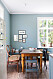 Ljusblåa väggar i kök och kring matplatsen hemma hos glaskonstnären Gunnel Sahlin