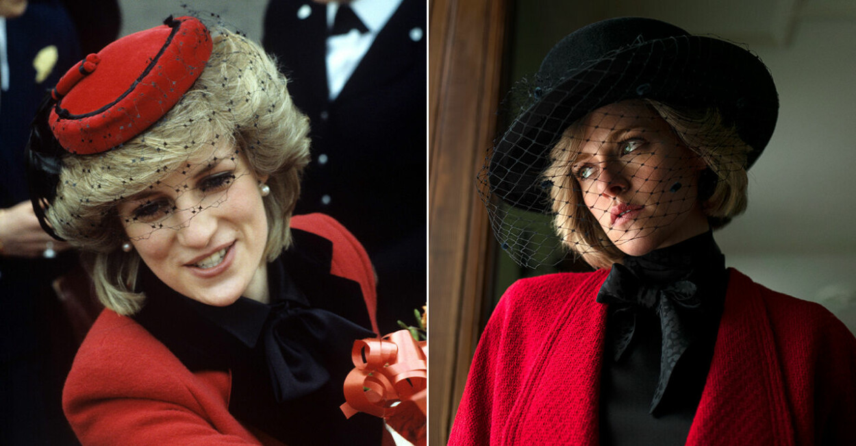 Diana i röd kavaj och hatt samt en bild på Kristen Stewart i filmen Spencer klädd i en kopia av Dianas look.