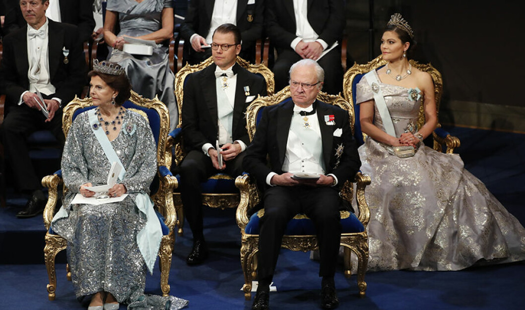 6849108 STOCKHOLM 2016-12-10. The Nobel Prize 2016. The Nobel Prize Awards ceremony today took place in the Stockholm Concert Hall, in the presence of the Swedish Royal Family. Picture shows: Queen Silvia, Prince Daniel, King Carl XVI Gustaf and Crown Princess Victoria of Sweden. COPYRIGHT STELLA PICTURES