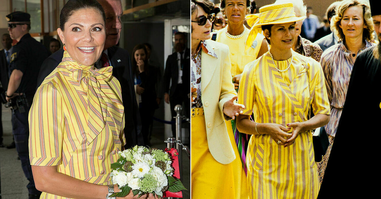 Kronprinsessan Victoria och drottning Silvia i samma gula retroklänning.