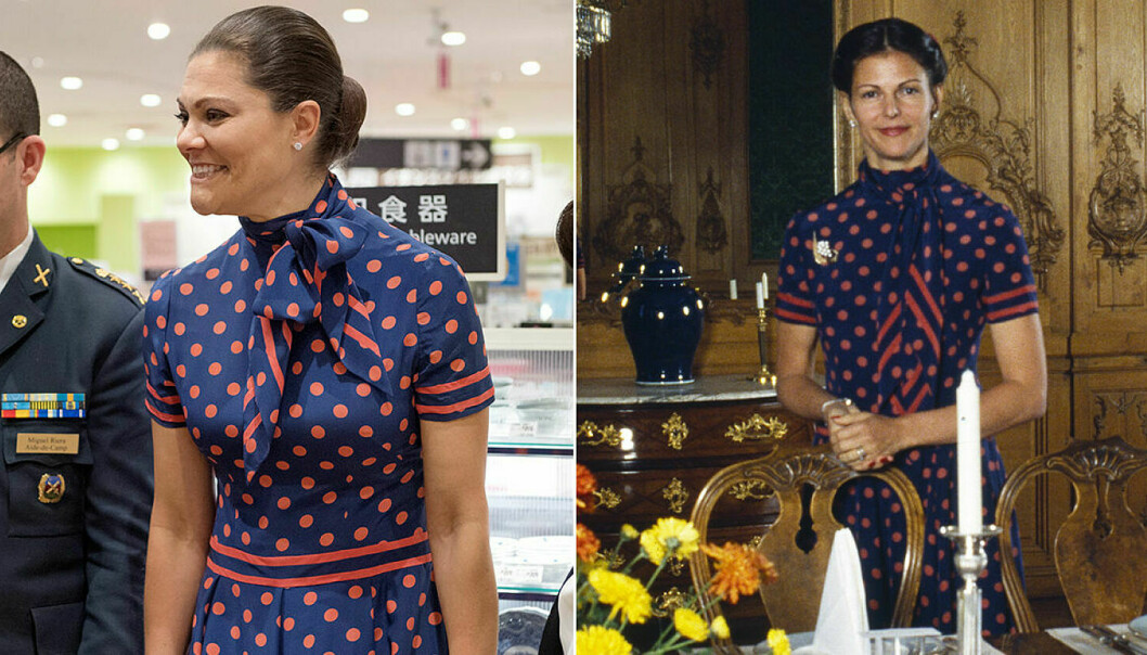 Kronprinsessan Victoria och drottning Silvia i samma prickiga klänning.
