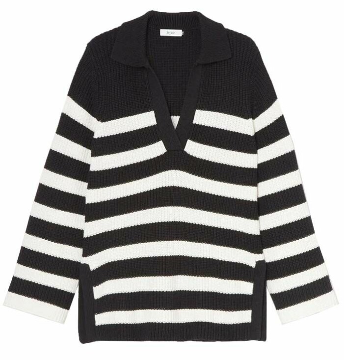 En stickad tröja är ett måste basgarderoben, oavsett årstid. Klicka på bilden för att komma direkt till tröjan. svart och vit stickad randig tröja för dam från Stylein till basgarderoben
