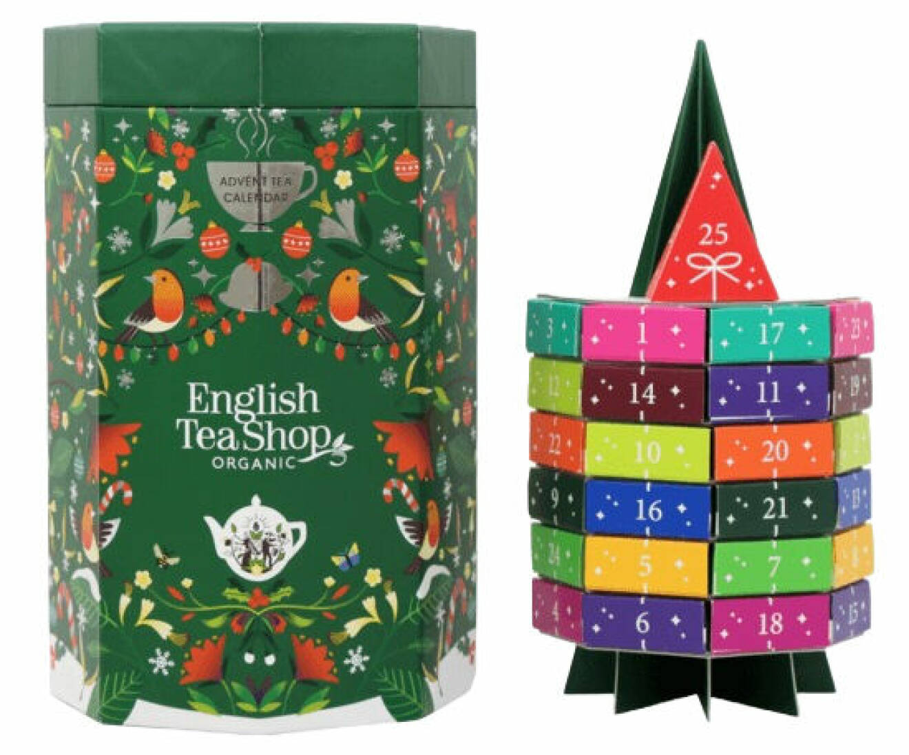 te kalender med formad som en julgran med pyramidtepåsar från English Tea Shop