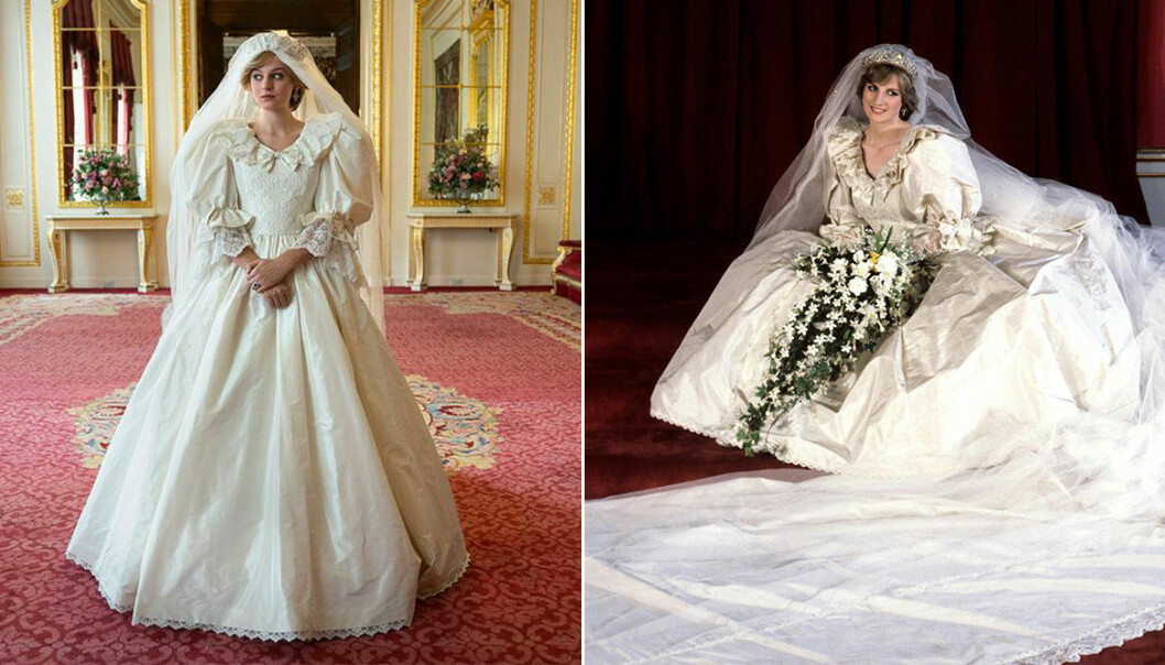 Emma Corrin som Diana på bröllopsdagen och riktiga Diana i brudklänning.