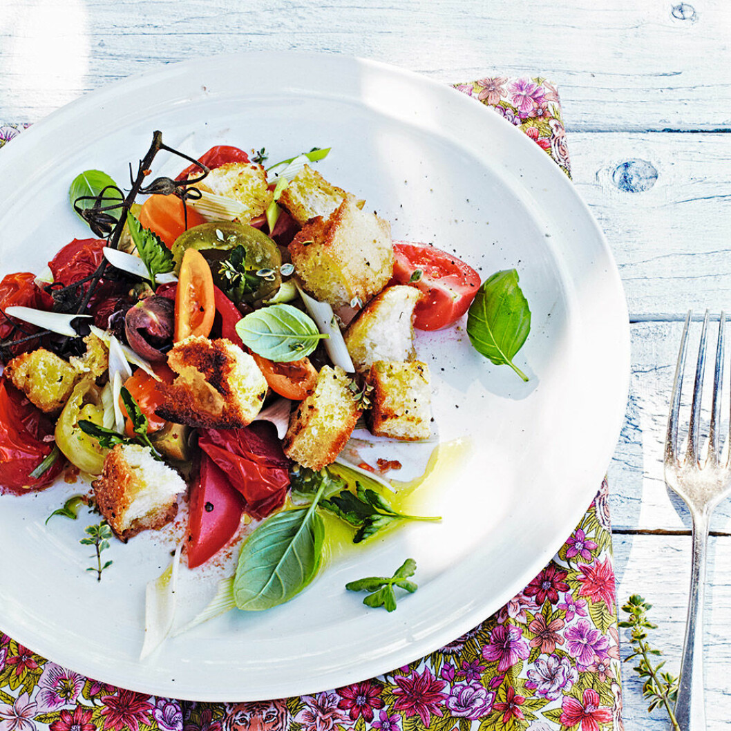 Tomat- och brödsallad med färska örter.