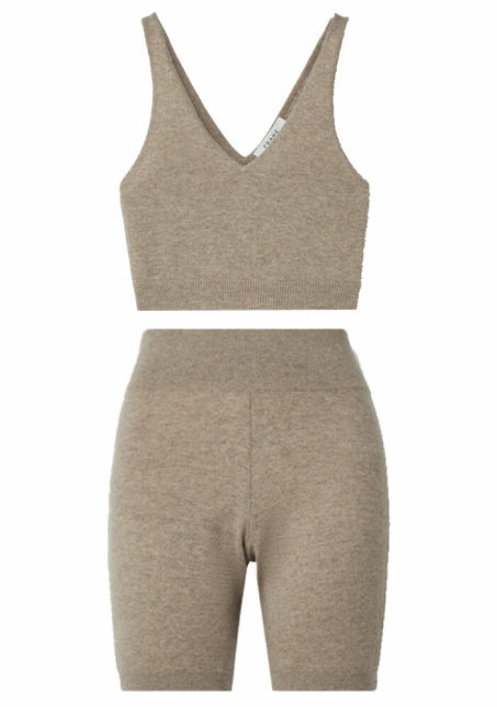 beige stickat set med shorts och linne