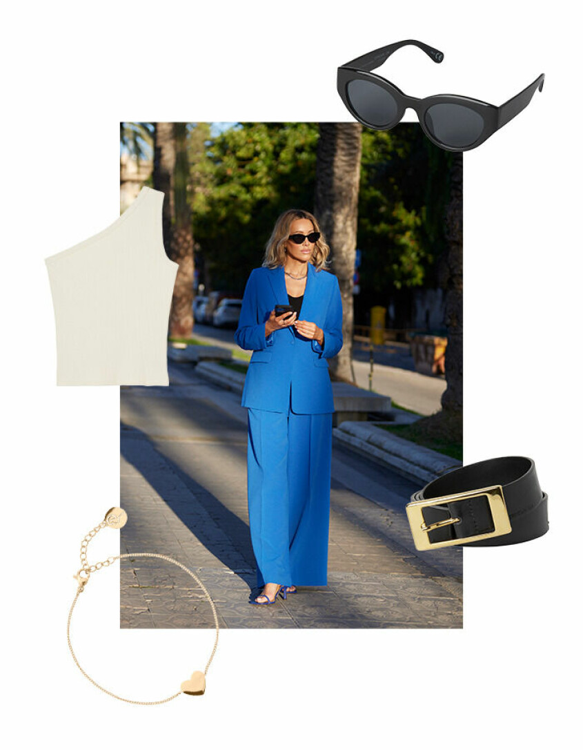 Håll din look simpel med ett matchande set i koboltblått där du satsar på accessoarerna. Öka enkelt trendfaktorn med ett bälte i midjan över din blazer för en markerad siluett. vårtrend kostymset blå koboltblå MQ modetrend stylingtips