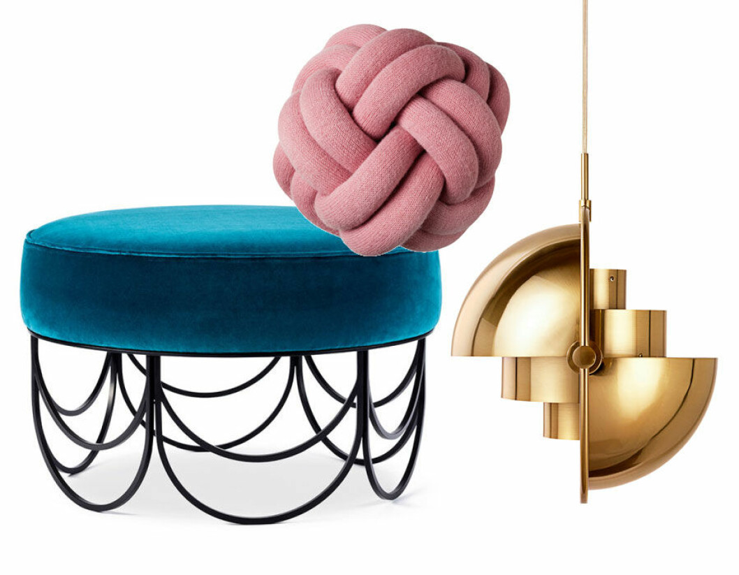 Sammetspuff, Kullaro, knutkudde Knot, design Ragnheidur Ösp Sigurdardóttir, Design House Stockholm, lampa Multi-Lite, Gubi. trend_70-tal