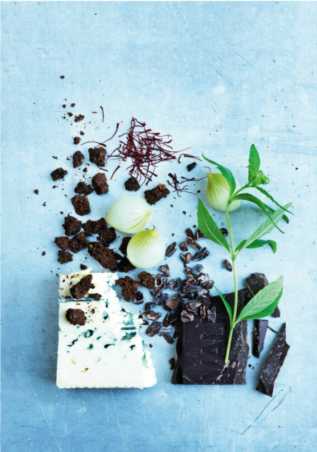 Chokladcrème med saffranskaramelliserad lök. Foto: Columbus Leth. Choklad möter ost