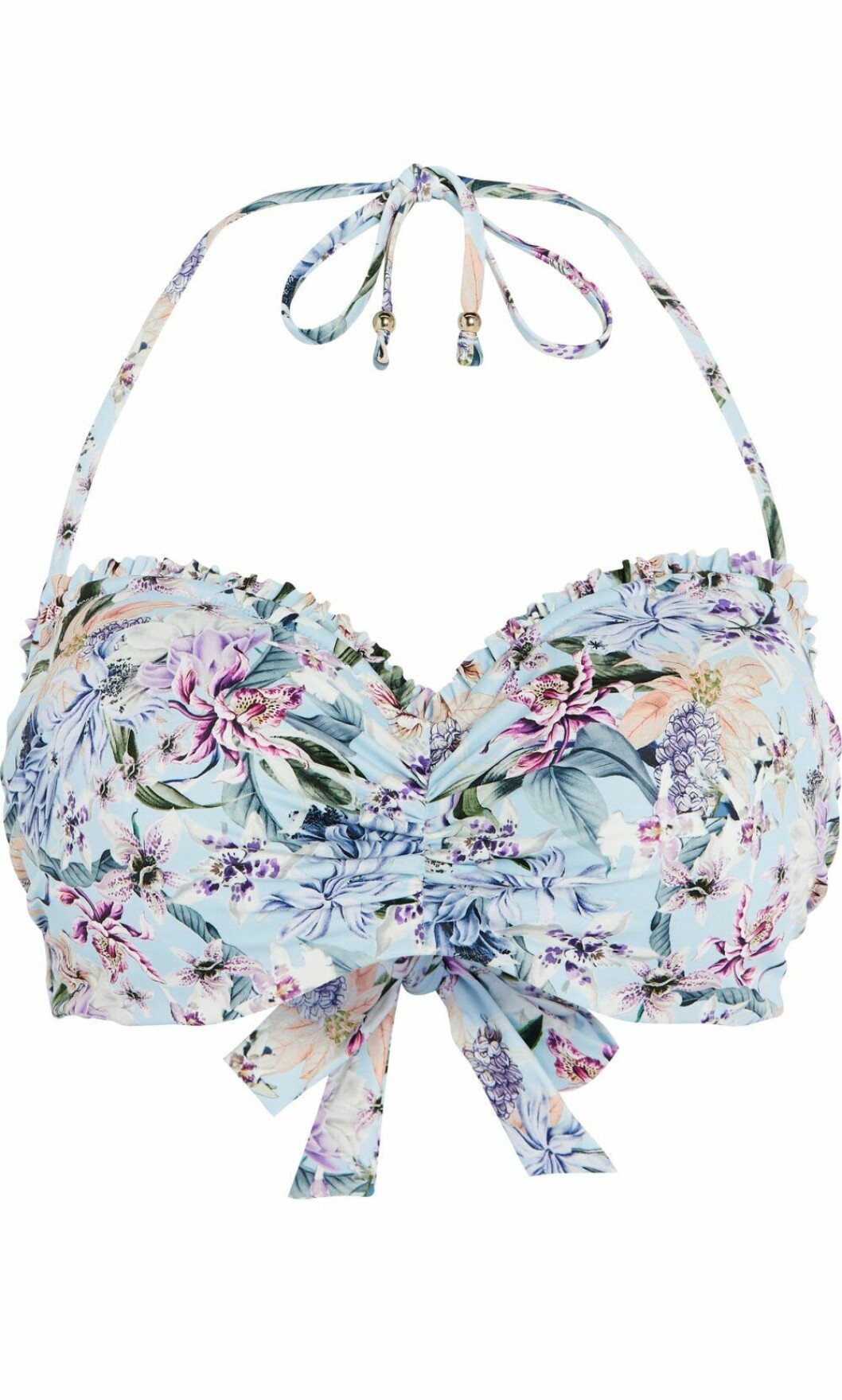 Blå bikiniöverdel med blommor.
