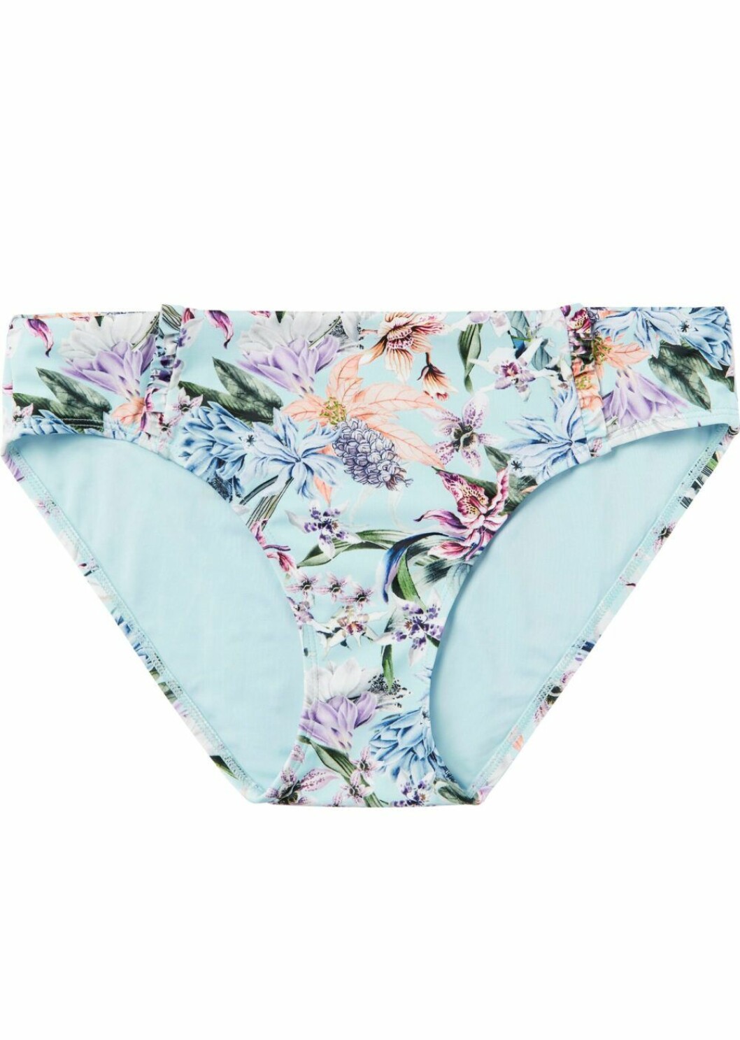 Blå bikininederdel med blommor.