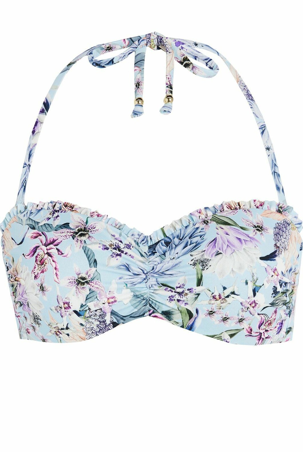 Bikiniöverdel i bandeumodell och blomprint.