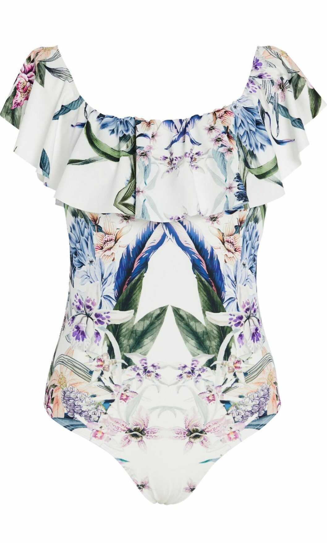 Vit baddräkt med volang och blommigt print.